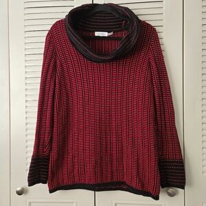 Calvin Klein Knit Sweater Cowl Neck Red Black Long Sleeve Womens M #044